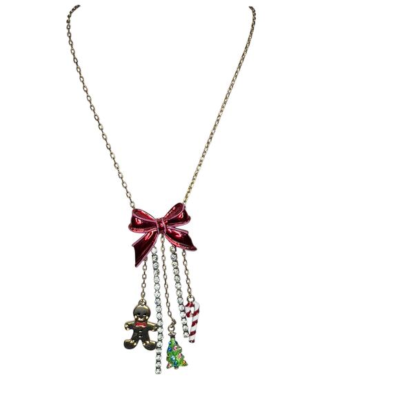 Betsey Johnson Holiday Charm Necklace Rhinestones Dangle Bow Christmas Festive - Picture 2 of 8